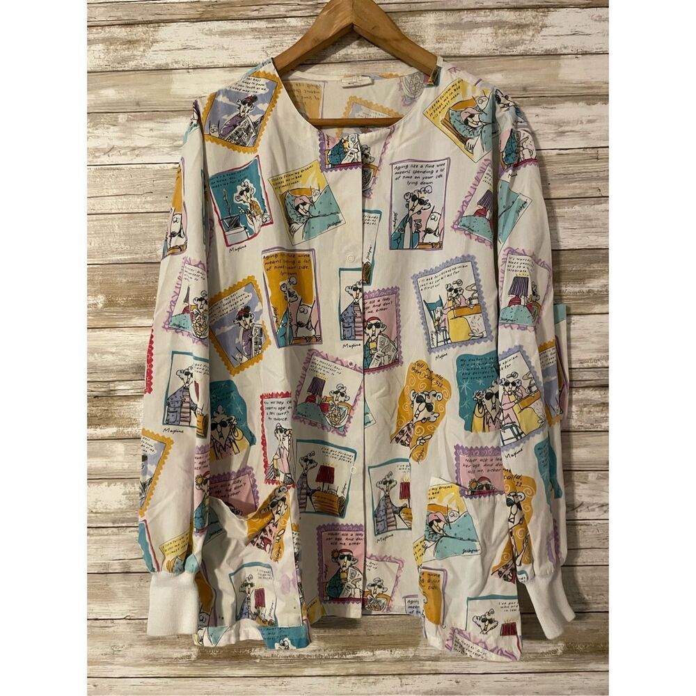Maxine Scrub Top Jacket Medical Healthcare 2X Cartoon Button Up Long Sleeve​